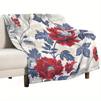 Red White & Blue Floral Summer Throw Blanket – Soft Flannel 4th of July Cozy Decor Blanket for Bed, Couch & Home Comfort with Single-Sided Printing