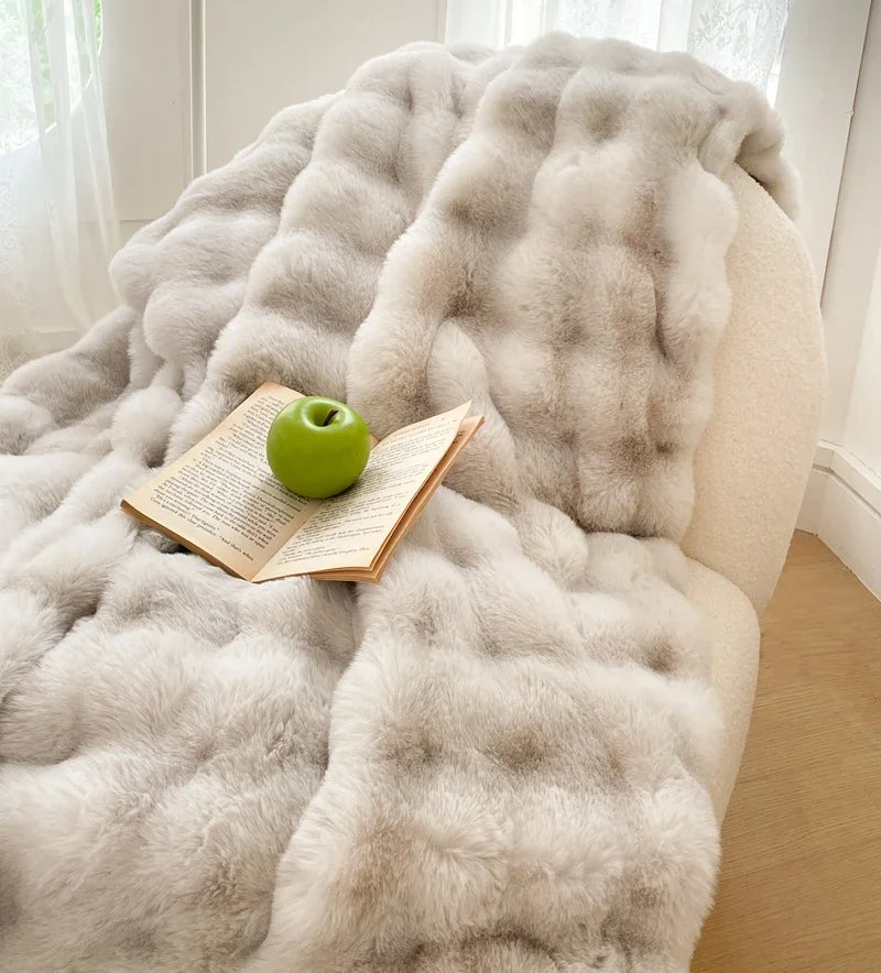 Faux Fur Plush Rabbit Blanket – Double-Layered Cozy Bedspread for Sofa & Bedroom