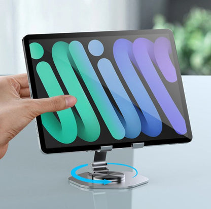 360° Swivel Phone Stand — Folding Metal Desk Holder with Rotating Base, Adjustable Height and Tilt