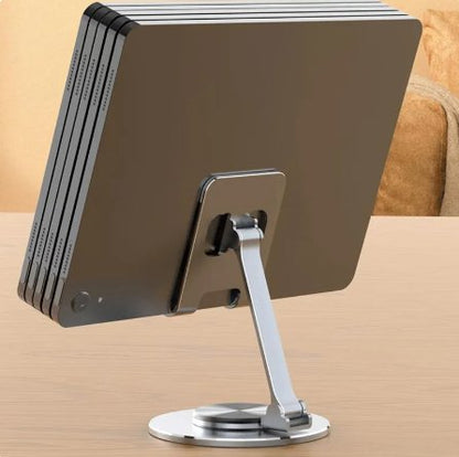 360° Swivel Phone Stand — Folding Metal Desk Holder with Rotating Base, Adjustable Height and Tilt