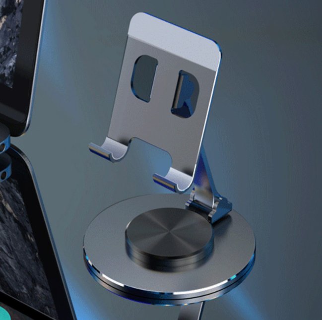 360° Swivel Phone Stand — Folding Metal Desk Holder with Rotating Base, Adjustable Height and Tilt