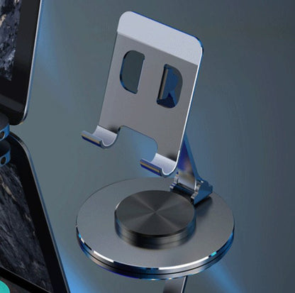 360° Swivel Phone Stand — Folding Metal Desk Holder with Rotating Base, Adjustable Height and Tilt