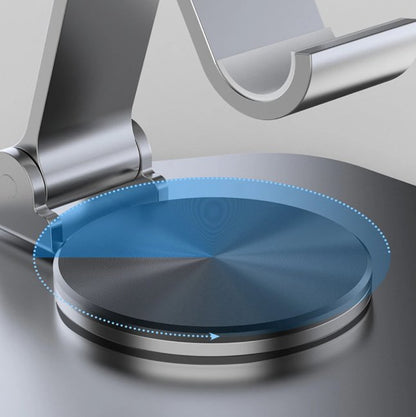 360° Swivel Phone Stand — Folding Metal Desk Holder with Rotating Base, Adjustable Height and Tilt