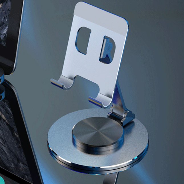 360° Swivel Phone Stand — Folding Metal Desk Holder with Rotating Base, Adjustable Height and Tilt