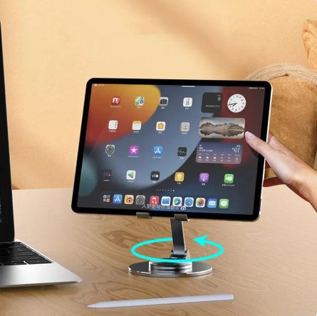 360° Swivel Phone Stand — Folding Metal Desk Holder with Rotating Base, Adjustable Height and Tilt