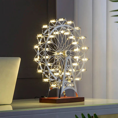 Rotatable Retro Ferris Wheel Decorative Table Lamp - 360° Rotational Lamp for Living Kid Room Desk Decor Stainless Steel Rotating Night Lighting