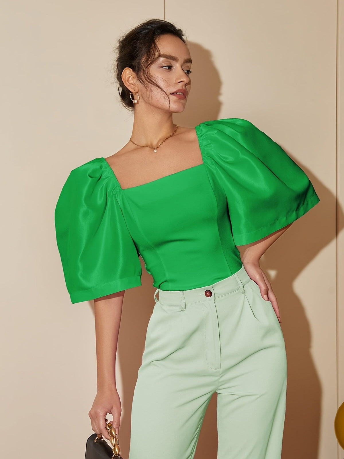 Chic Square Neck Lantern Sleeve Blouse – Woven Polyester Women’s Fashion Top for Spring/Summer Street Style with a Flattering Skinny Fit