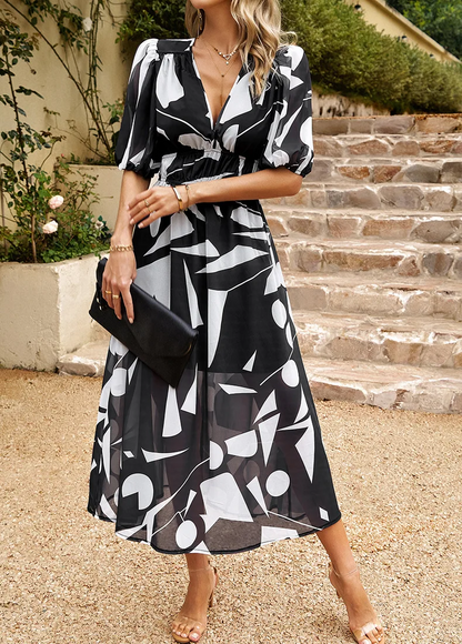 Vintage Mesh V-Neck Printed Midi Dress – Lantern Sleeve V-Neck Beauty with an Elastic Waist for Chic Parties