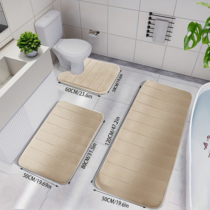 Memory Foam Bath Rug Set – 3pcs Soft, Non-Slip, Machine-Washable Mats for Shower, Kitchen, Bedroom & Indoor Floor Comfort