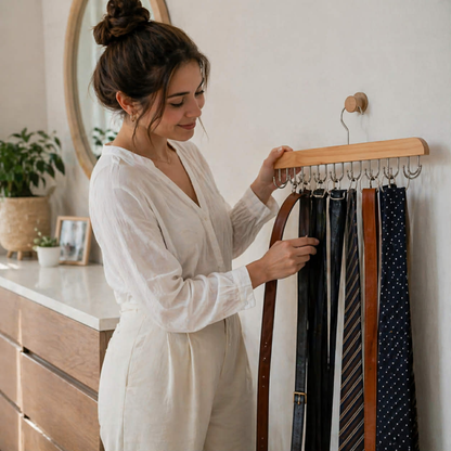 Wooden Tie and Belt Hanger - Closet Bar with 14 or 20 Hooks for Ties, Belts and Scarves