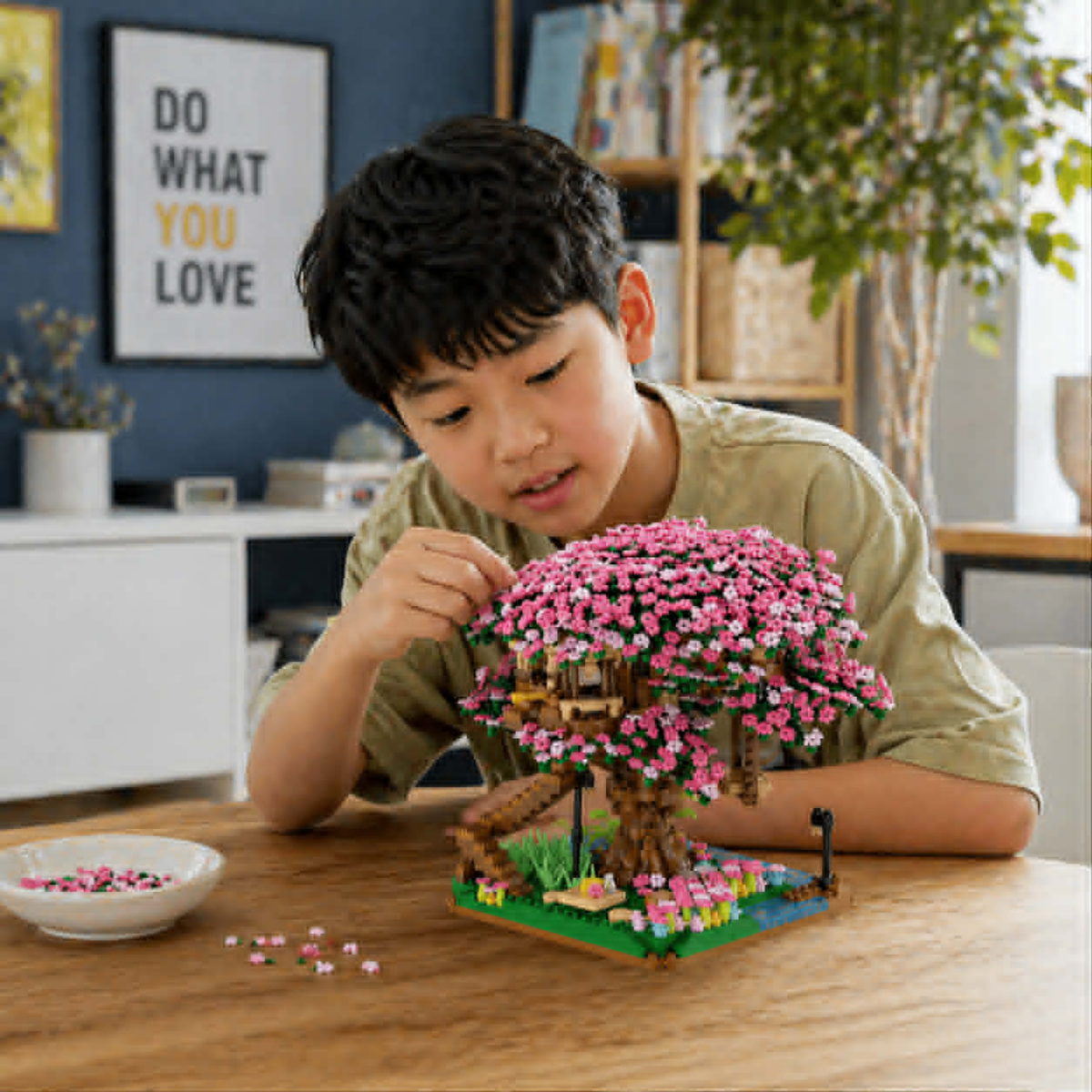 DIY Cherry Blossom Tree House Building Blocks – 2138pcs Pink Train Model Kit, Creative Assembly Toy for Kids and Collectors Gift