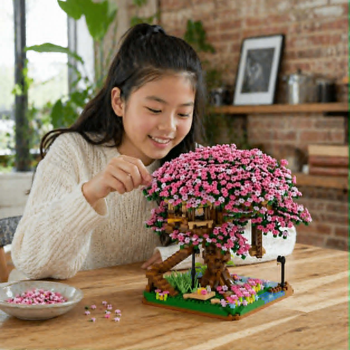 DIY Cherry Blossom Tree House Building Blocks – 2138pcs Pink Train Model Kit, Creative Assembly Toy for Kids and Collectors Gift