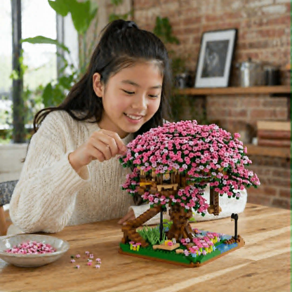 DIY Cherry Blossom Tree House Building Blocks – 2138pcs Pink Train Model Kit, Creative Assembly Toy for Kids and Collectors Gift