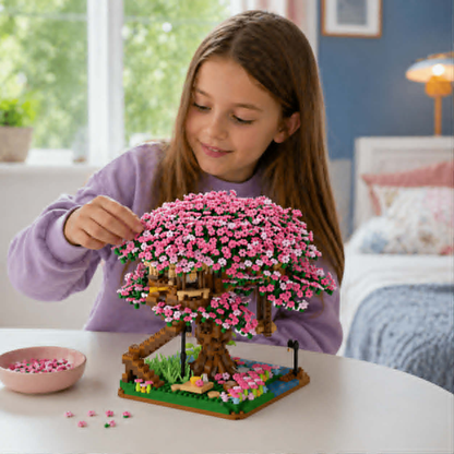 DIY Cherry Blossom Tree House Building Blocks – 2138pcs Pink Train Model Kit, Creative Assembly Toy for Kids and Collectors Gift