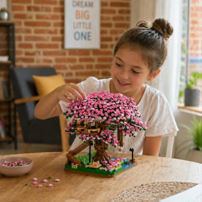 DIY Cherry Blossom Tree House Building Blocks – 2138pcs Pink Train Model Kit, Creative Assembly Toy for Kids and Collectors Gift
