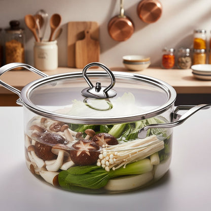 Heat-Resistant Borosilicate Glass Cookware Set – 2.5L & 3.5L Pots with Stainless Handles, Stovetop Safe, Dishwasher Safe for Soups & Everyday Cooking