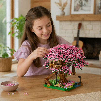 DIY Cherry Blossom Tree House Building Blocks – 2138pcs Pink Train Model Kit, Creative Assembly Toy for Kids and Collectors Gift