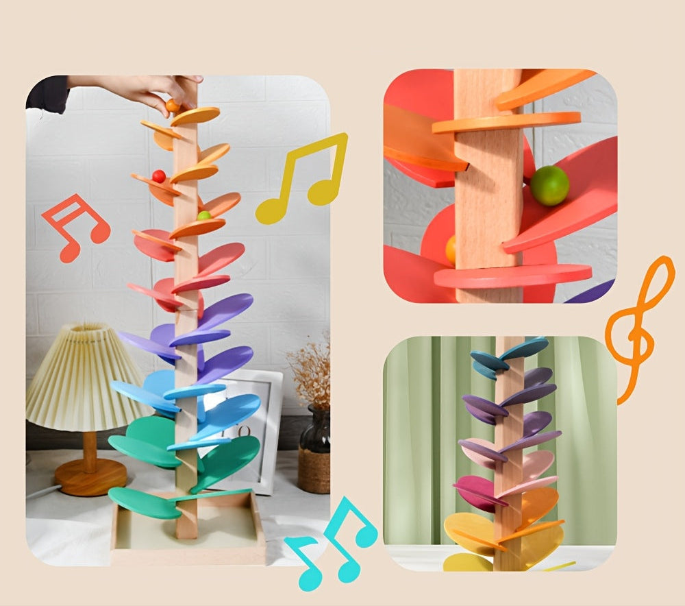 Wooden Rainbow Petal Musical Tree – Creative Ball Run Toy Enhancing Kids’ Sensory Skills, Relaxation, and Color Learning Through Sound