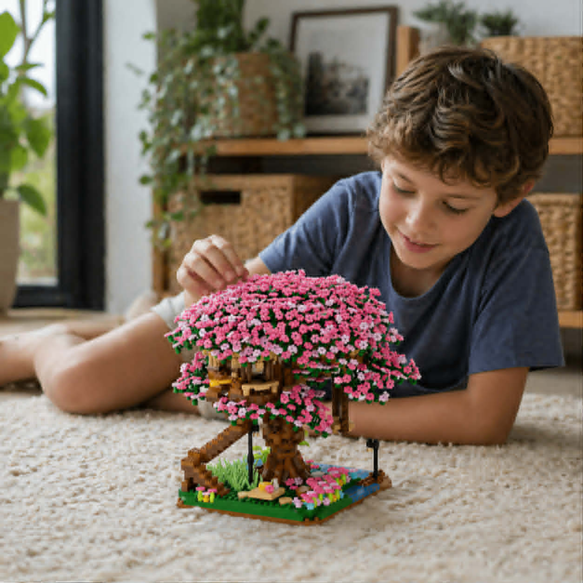 DIY Cherry Blossom Tree House Building Blocks – 2138pcs Pink Train Model Kit, Creative Assembly Toy for Kids and Collectors Gift
