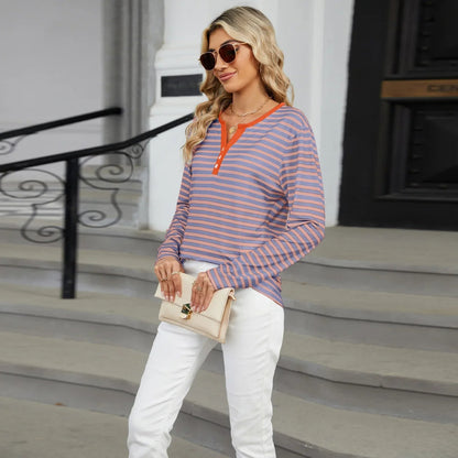 Color Block V-Neck T-Shirt – Loose Long-Sleeved Top for Cross-Border Fashion with a Bold Twist