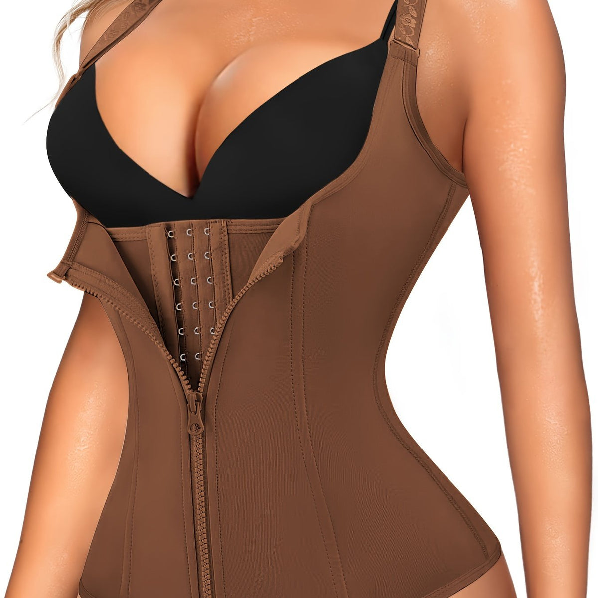 Women’s Open-Bust Tummy Control Black Zipper Cami Top –  Waist Trainer Shapewear for Curves and Hourglass Figure