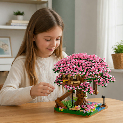 DIY Cherry Blossom Tree House Building Blocks – 2138pcs Pink Train Model Kit, Creative Assembly Toy for Kids and Collectors Gift