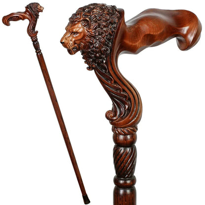 Wooden Walking Stick Cane Lion Head - Palm Grip Ergonomic Handle