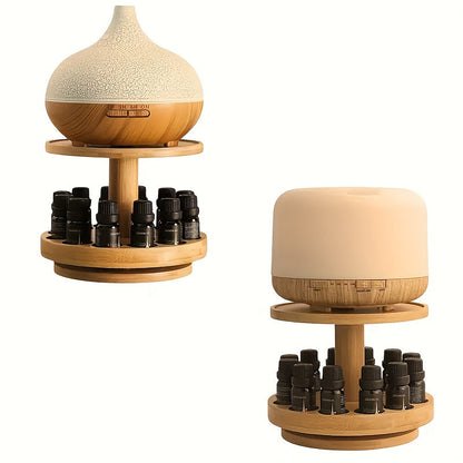 Vintage Wooden Essential Oil Display Rack – Double Layer Rotating Organizer with Glass Top for Stylish Aromatherapy Storage and Display