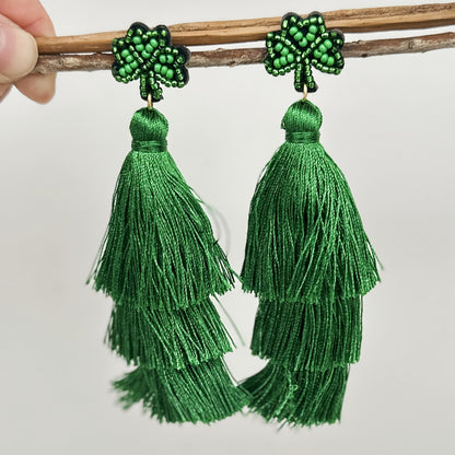 Vintage Boho Clover Tassel Earrings – Beaded Dangle Earrings for St. Patrick’s Day, Gifting, and Casual Seasonal Fashion Statements