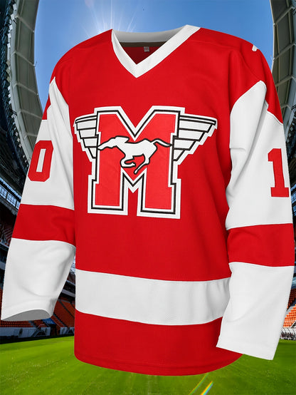 Men’s Ice Hockey Jersey #10 – Red Embroidered Polyester Knit Hockey Shirt with Loose Fit for Sportswear and Casual Style