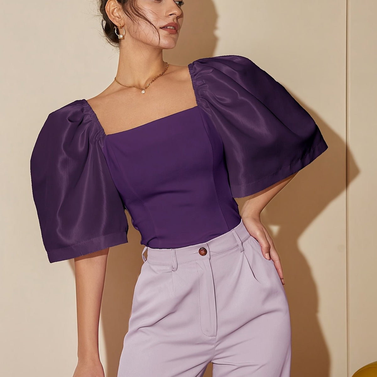 Chic Square Neck Lantern Sleeve Blouse – Woven Polyester Women’s Fashion Top for Spring/Summer Street Style with a Flattering Skinny Fit