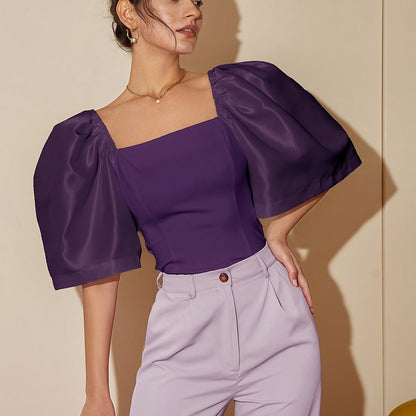Chic Square Neck Lantern Sleeve Blouse – Woven Polyester Women’s Fashion Top for Spring/Summer Street Style with a Flattering Skinny Fit