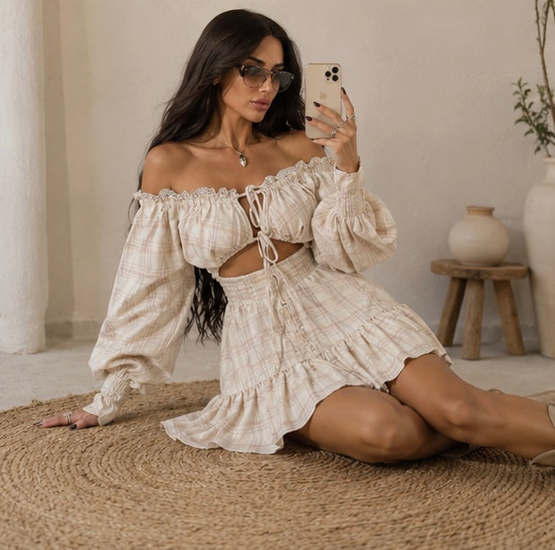 Women Hollow Out Mini Dress - Sexy Slash Neck Lace Up Lantern Sleeve Party Dress for Summer Clubwear and Evening Fashion