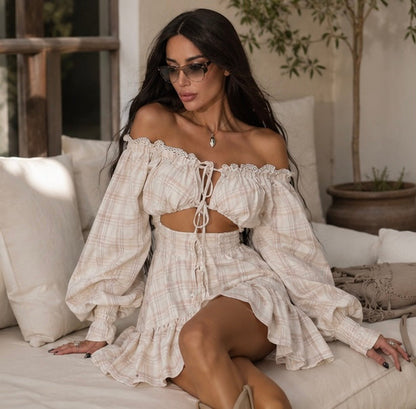 Women Hollow Out Mini Dress - Sexy Slash Neck Lace Up Lantern Sleeve Party Dress for Summer Clubwear and Evening Fashion