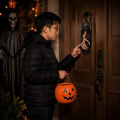 Skeleton Hand Halloween Doorbell Decoration – Touch and Motion Activated Haunted Doorbell with Red Light and Scary Sound Effects