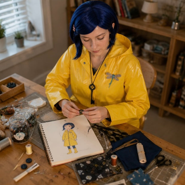 Coraline Yellow Raincoat Cosplay Costume- Wybie Inspired Halloween Trench Coat Outfit for Anime Convention Party Dress Up and Cosplay Events