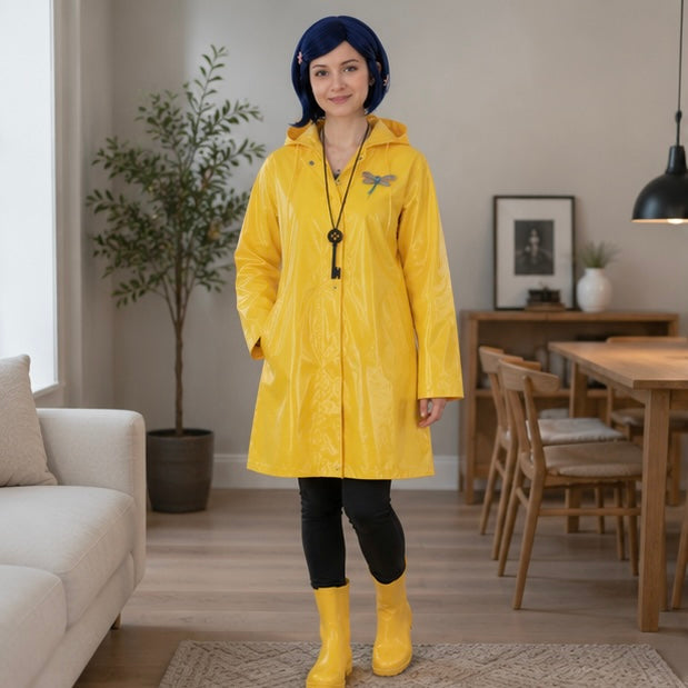 Coraline Yellow Raincoat Cosplay Costume- Wybie Inspired Halloween Trench Coat Outfit for Anime Convention Party Dress Up and Cosplay Events