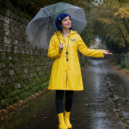 Coraline Yellow Raincoat Cosplay Costume- Wybie Inspired Halloween Trench Coat Outfit for Anime Convention Party Dress Up and Cosplay Events