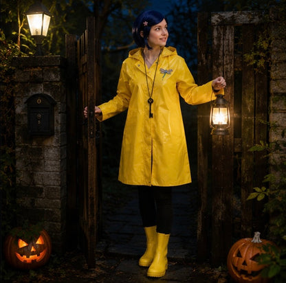 Coraline Yellow Raincoat Cosplay Costume- Wybie Inspired Halloween Trench Coat Outfit for Anime Convention Party Dress Up and Cosplay Events