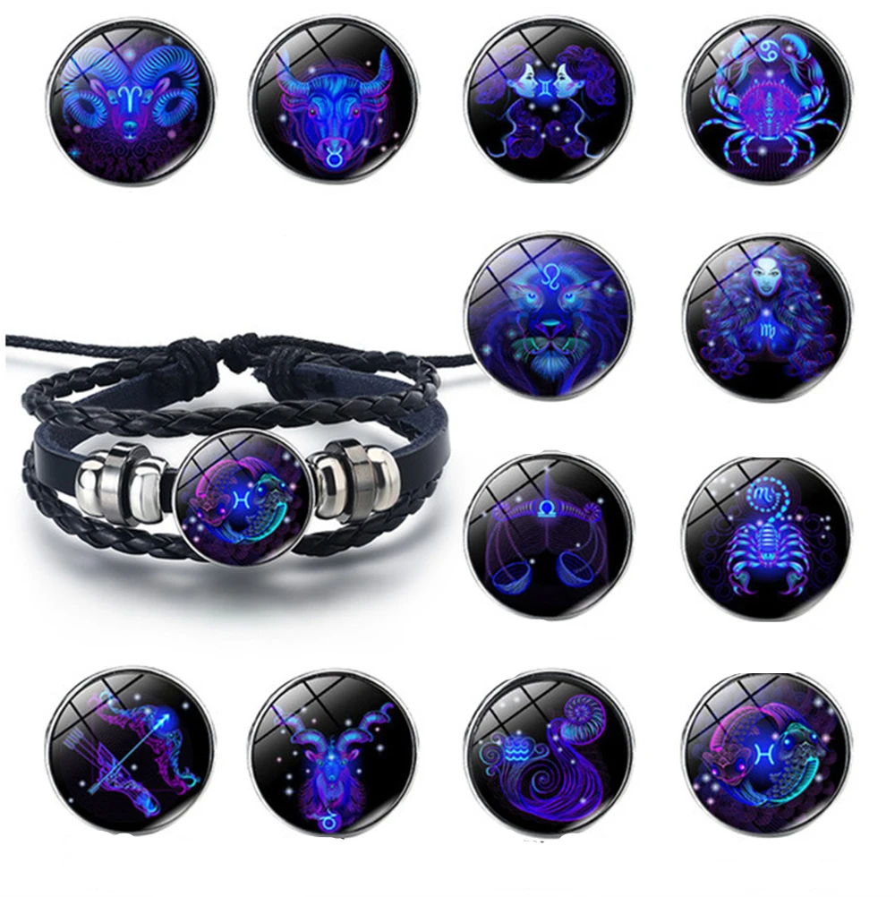 Handwoven Zodiac Leather Charm Bracelet – 12 Constellation Signs, Vintage Couple Gift for Women & Astrology Lovers