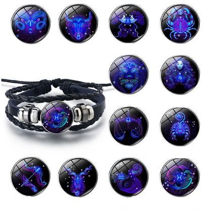 Handwoven Zodiac Leather Charm Bracelet – 12 Constellation Signs, Vintage Couple Gift for Women & Astrology Lovers