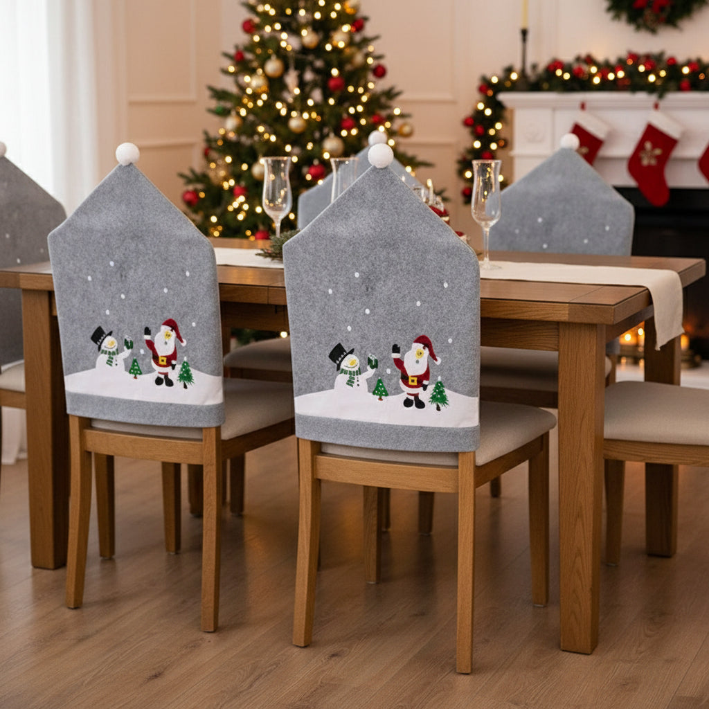 Santa Hat Chair Covers – Festive Gray Dining Chair Slipcovers for Cozy Christmas Home & Holiday Party Decoration