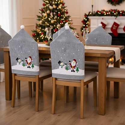 Santa Hat Chair Covers – Festive Gray Dining Chair Slipcovers for Cozy Christmas Home & Holiday Party Decoration