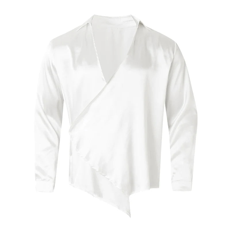 Men’s Irregular Trendy Silk Shirt – Vintage Turn-Down Collar Streetwear Cardigan for Loose, Sexy Autumn Fashion Energy