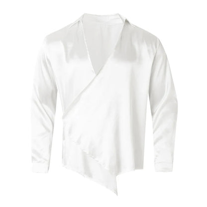 Men’s Irregular Trendy Silk Shirt – Vintage Turn-Down Collar Streetwear Cardigan for Loose, Sexy Autumn Fashion Energy