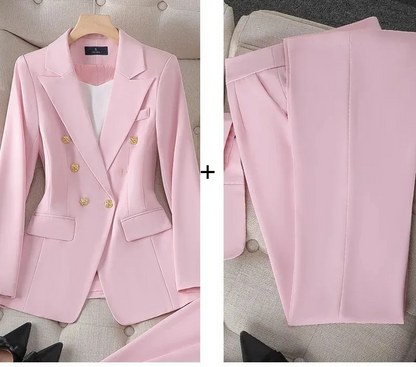 Women's Pant Suit – Double Breasted Business Blazer Set, Gold Buttons – Blazer, Pants or Skirt