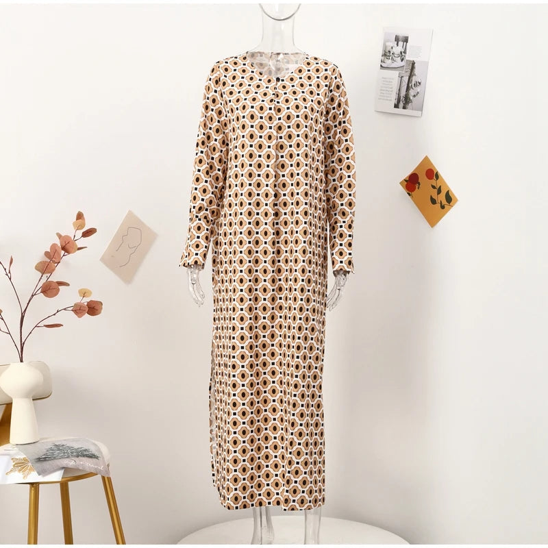 Floral Geometric Split Dress – Women’s Summer Long Sleeve V-Neck Ankle-Length Print Dress for Casual Fashion and Comfortable Elegance