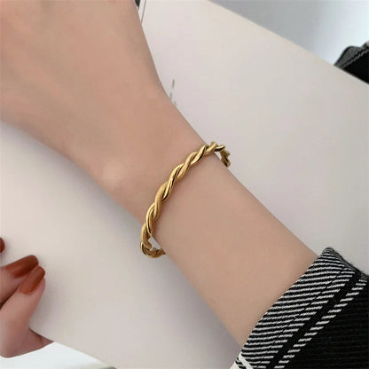 Charm Twist Cuff Bracelet - Slim Gold Opening Bangle in 316L Stainless Steel Charm