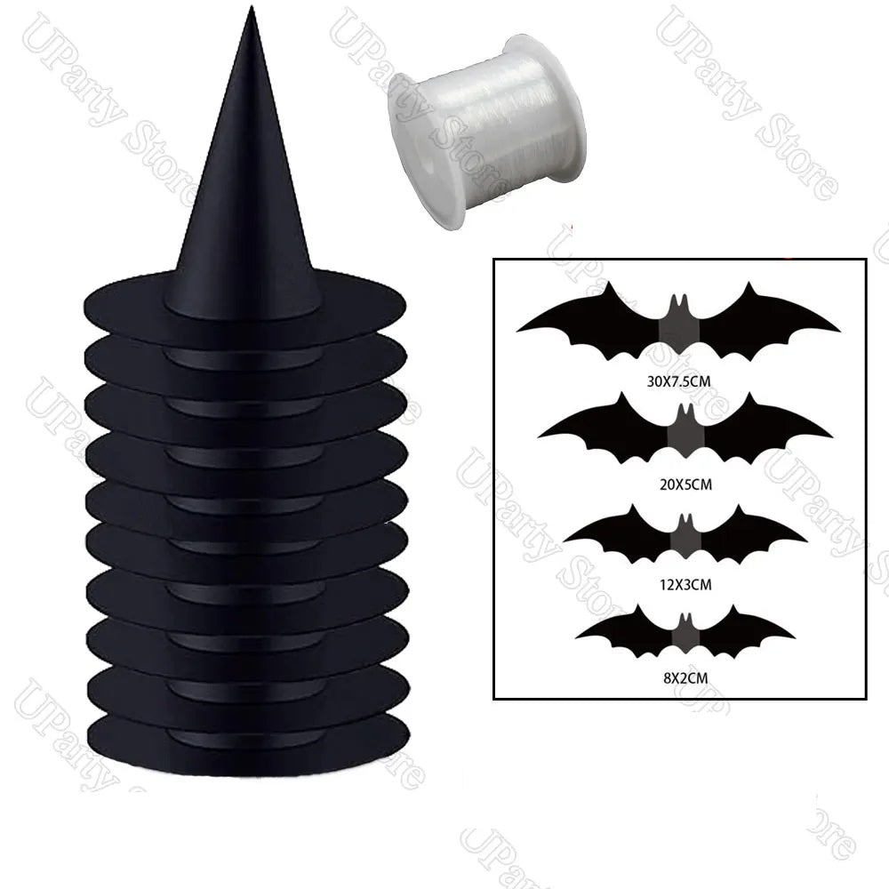 Halloween Hanging Witches Hats – Bulk Black Wizard Hats with Rope for Outdoor Porch Party Decoration and Favors