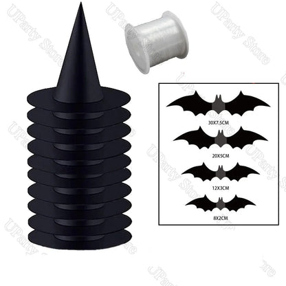 Halloween Hanging Witches Hats – Bulk Black Wizard Hats with Rope for Outdoor Porch Party Decoration and Favors